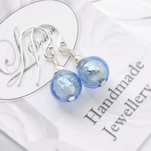 Murano Glass Light Sapphire Blue & White Gold foil Earrings, Sterling Silver