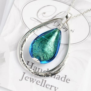 Venetian Murano Glass Aqua-Blue Gold Foil Entwined Teardrop Pendant, Sterling Silver