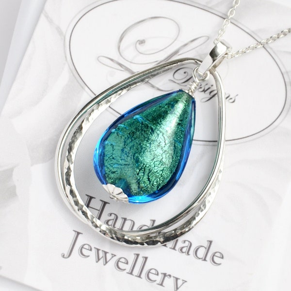 Venetian Murano Glass Aqua-Blue Gold Foil Entwined Teardrop Pendant, Sterling Silver