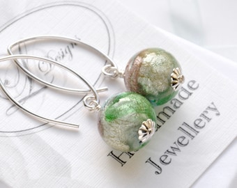 Murano Glass Aqua, Amethyst & White Gold foil Earrings, Sterling Silver