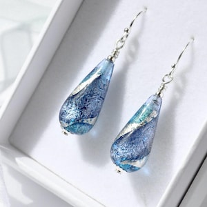 Murano Glass Aquamarine, Sapphire & White Gold foil Earrings, Sterling Silver