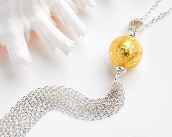 Murano Glass 24ct Gold Foil 'Sfera d'oro' Long Tassel Enhancer Necklace, Sterling Silver