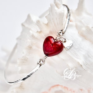Murano Glass Ruby Red Heart Bangle, Sterling Silver