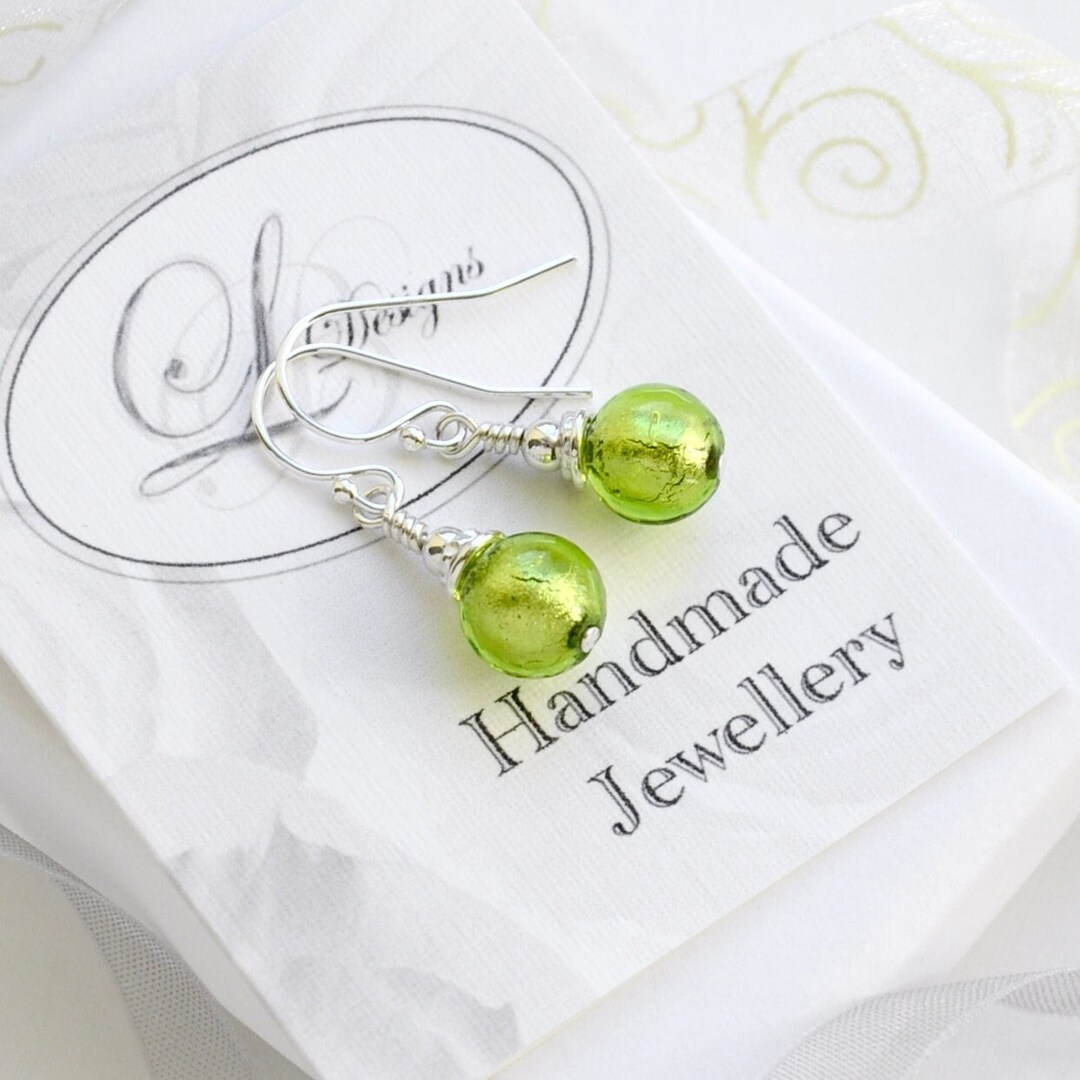 Boucles D'oreilles Longues Perles Verre Murano Vert Torsadé Sur Feuille D'argent - Neuf