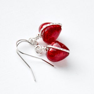 10mm Red Murano Glass Heart Earrings, Sterling Silver