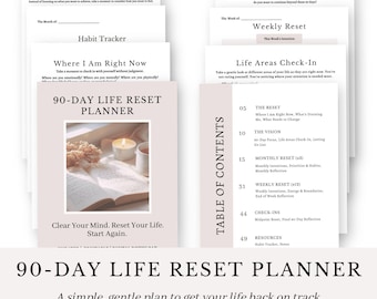 May include: A 90-Day Life Reset Planner with a soft pink cover, featuring a candle and book image. Includes pages for weekly resets, habit tracking, and life area check-ins. The text reads "Clear Your Mind. Reset Your Life. Start Again."