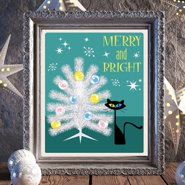 Mid-Century Atomic Black Cat Merry and Bright Christmas Printable | Holiday Tinsel Tree Print Instant Download | Tinsel Town