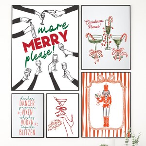 Merry and Festive Christmas Holiday Cocktails Digital 5 Print Gallery Wall Art Collection | Bar Cart Decor