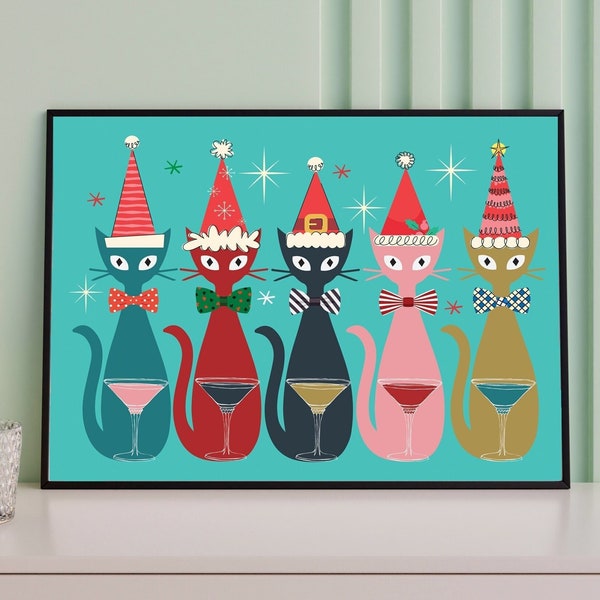 Mid Century Santa Cats with Martinis Christmas Holiday Printable | Cocktails Bar Cart Sign Xmas Digital Download | Atomic Kitsch Party Sign