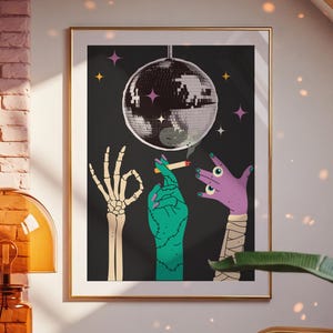 Disco Halloween Monster Hands Wall Print | Digital Download | Retro Vibe Dorm Decor | Skeleton Zombie Mummy Art | Bar Cart Party Printable