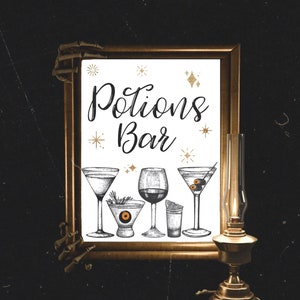 May include: A framed "Potions Bar" sign with illustrations of various cocktail glasses. The frame is held by a skeleton hand. A vintage-style lamp is on the right side. The background is black with a textured effect.