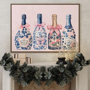 Champagne Chinoiserie Preppy Christmas Holiday Printable Digital Wall Art | Festive Dorm Girly Decor