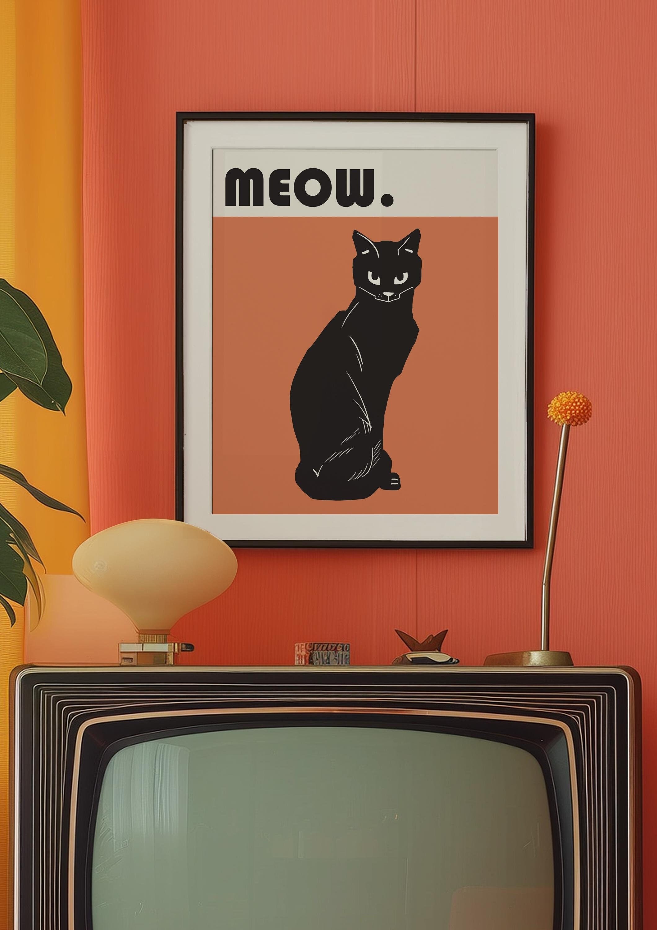 Mid Century Modern Black Cat Printable Art | Meow Bauhaus Halloween ...