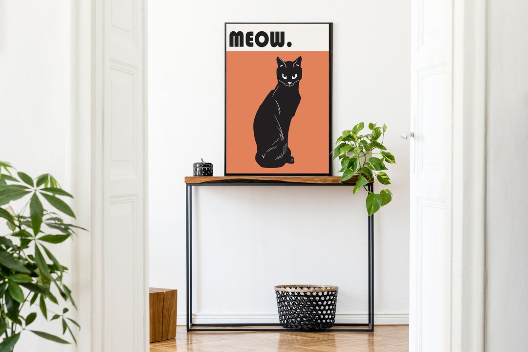 Mid Century Modern Black Cat Printable Art | Meow Bauhaus Halloween ...