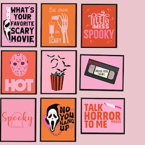 Halloween Pink Modern Scary Movies Quotes Gallery Wall Art Printables | Spooky Bar Cart Party Signs | Pinkoween