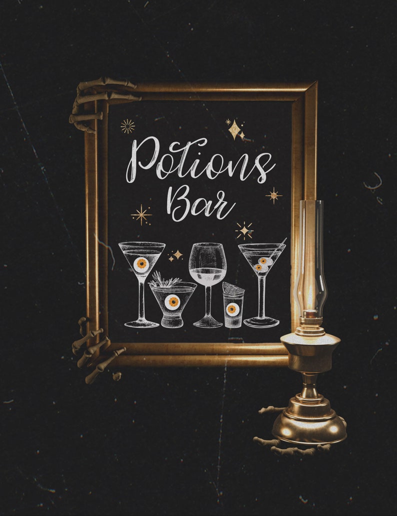 May include: A black chalkboard sign with gold trim and a skeletal hand holding it reads "Potions Bar" with a gold glitter effect.  The chalkboard is decorated with drawings of cocktails with eyeball ice cubes.