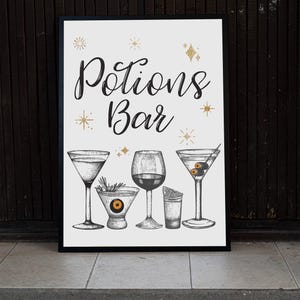 May include: Black framed sign with the words "Potions Bar" in elegant script, accompanied by illustrations of various cocktail glasses. Gold star and diamond accents add a touch of sparkle to the design. The sign is set against a dark wooden background.