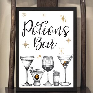 May include: Black framed print with the words "Potions Bar" in elegant script, adorned with gold star and diamond accents. Below, detailed illustrations of various cocktail glasses and drinks are displayed.