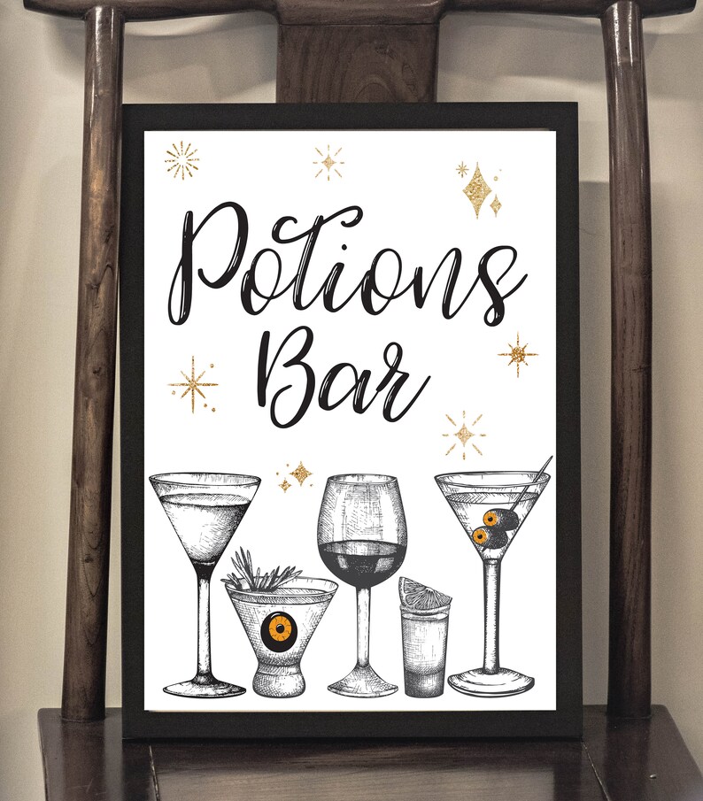 May include: Black framed print with the words "Potions Bar" in elegant script, adorned with gold star and diamond accents. Below, detailed illustrations of various cocktail glasses and drinks are displayed.