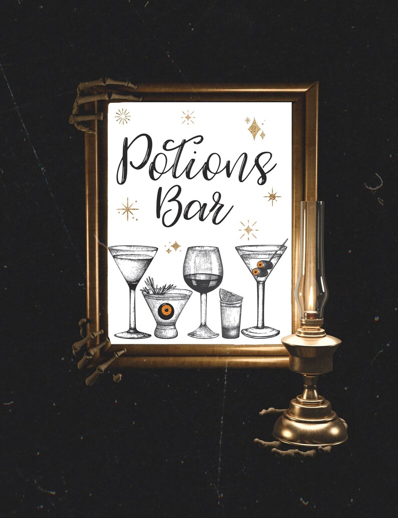 May include: A framed "Potions Bar" sign with illustrations of various cocktail glasses. The frame is held by a skeleton hand. A vintage-style lamp is on the right side. The background is black with a textured effect.