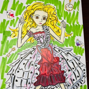 Red Queen Dress Alice Marker 9x12