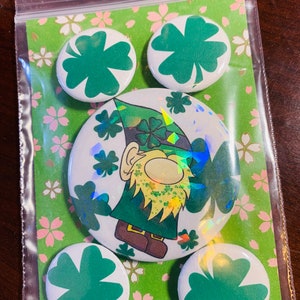 St. Patrick’s Gnome 2in button with 1inch buttons
