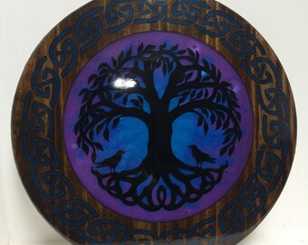 Wood Carving an resin poured Tree of Life surrounded by Celtic knot