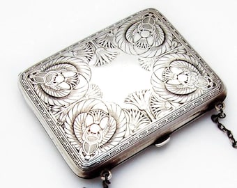 Stunning Antique Silver Purse Case Scarab Beetle Poppy Plant Palmette Art Deco Blackinton North Attleboro Massachusetts Deco Sterling Silver