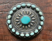 Navajo Sterling Silver and Turquoise Belt Buckle Hand Stamped Silver Signed Vintage Art Jewelry Darrel Cadman Dry Creek Old Pawn Dead Pawn