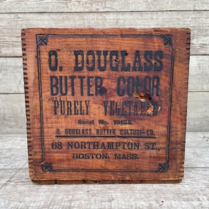 Antike Douglasie Butterkiste: Boston Werbung Schwalbenschwanzkiste