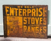 Antique Stove Advertising Sign Enterprise Stoves and Ranges Flange Signage Metal Rusty Barn Find Primitive Americana Industrial Wall Decor