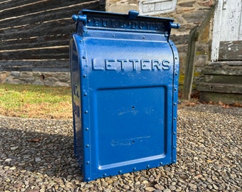 Antique Cast Iron U.S MAIL BOX, Pull Down Mailbox, Letter Slot, Locak Box, Blue Enamel Paint, Early 1900s Riveted Metal, Industrial Decor