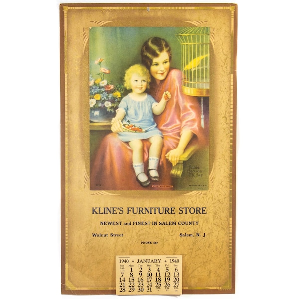Kline's Furniture Store Calendar 1940 Salem New Jersey Advertising Walnut Street Annie Benson Muller Everybody Happy Art 1940s Home Decor
