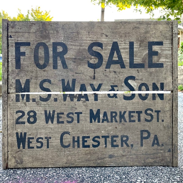 Letrero comercial de madera antiguo M.S. Way & Son West Chester Pennsylvania Placa de pruebas de madera Primitive 28 W Market Street Edificio William Everhart