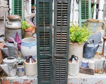 Antique Louvered Shutter Doors: Rustic Green Architectural Salvage