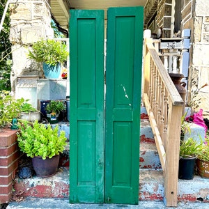 Large Antique Shutters Vintage Pair of Shutters Rustic GREEN PAINTED Shutter Doors Architectural Salvage Antiques Yard Doors Old Panel