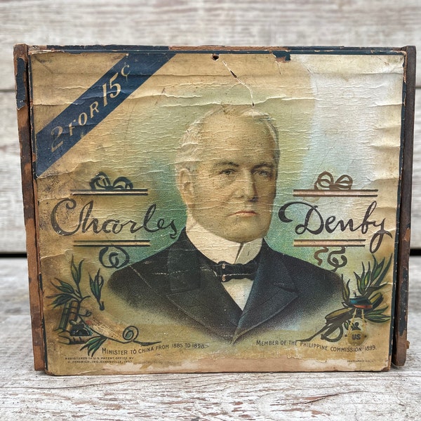 Antique Cigar Box, Wooden Cigar Container, Vintage ADVERTISING General Store Decor, Charles Denby Diamond Joe Cigars, Early Americana Rustic