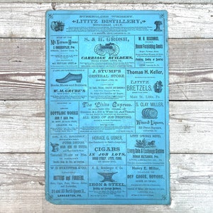 Antiguo Lititz PA Cartel publicitario Broadside Sign Burkholders Whiskey Distillery J.B HERTZLER Lancaster Cigars Anvil, General Store Decor