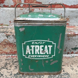 Vintage A TREAT Soda Cooler Chest, Old Green Painted Metal Cooler, Mid Century, Ice chest, Bar Decor, Party Cooler, Steel Box