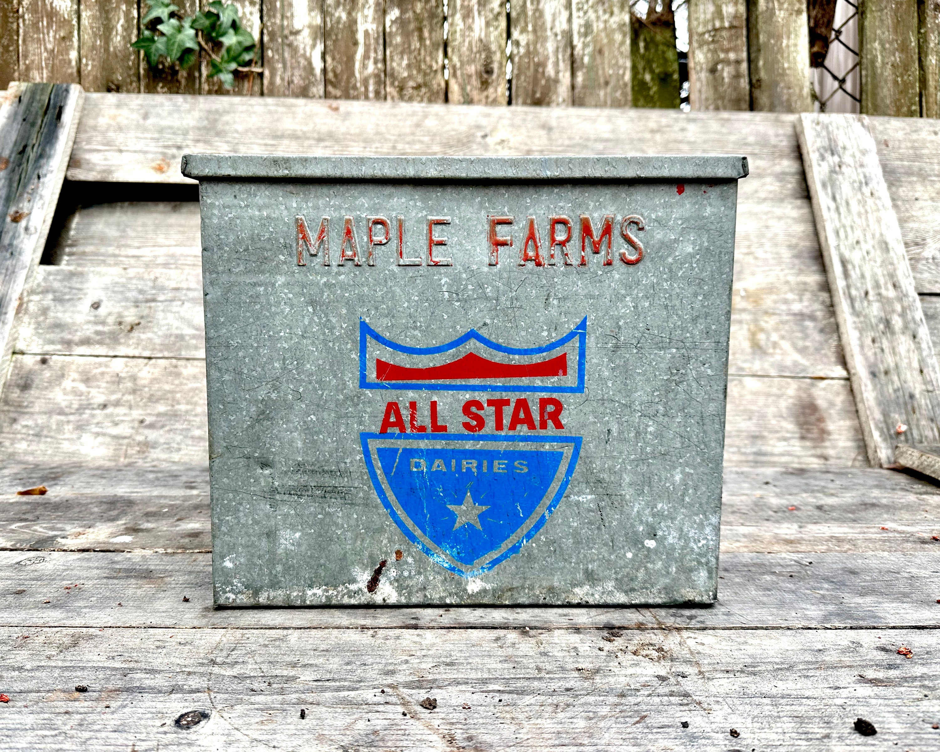 All Star Dairies Galvanized Milk Box MAPLE FARMS, Vintage