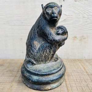 Antique Hood Ornament, Bronze Car Mascot, Monkey and Cub Topper, Metal Sculpture, Art Deco Monkeys, Automobilia Collectible 1920s Home Decor