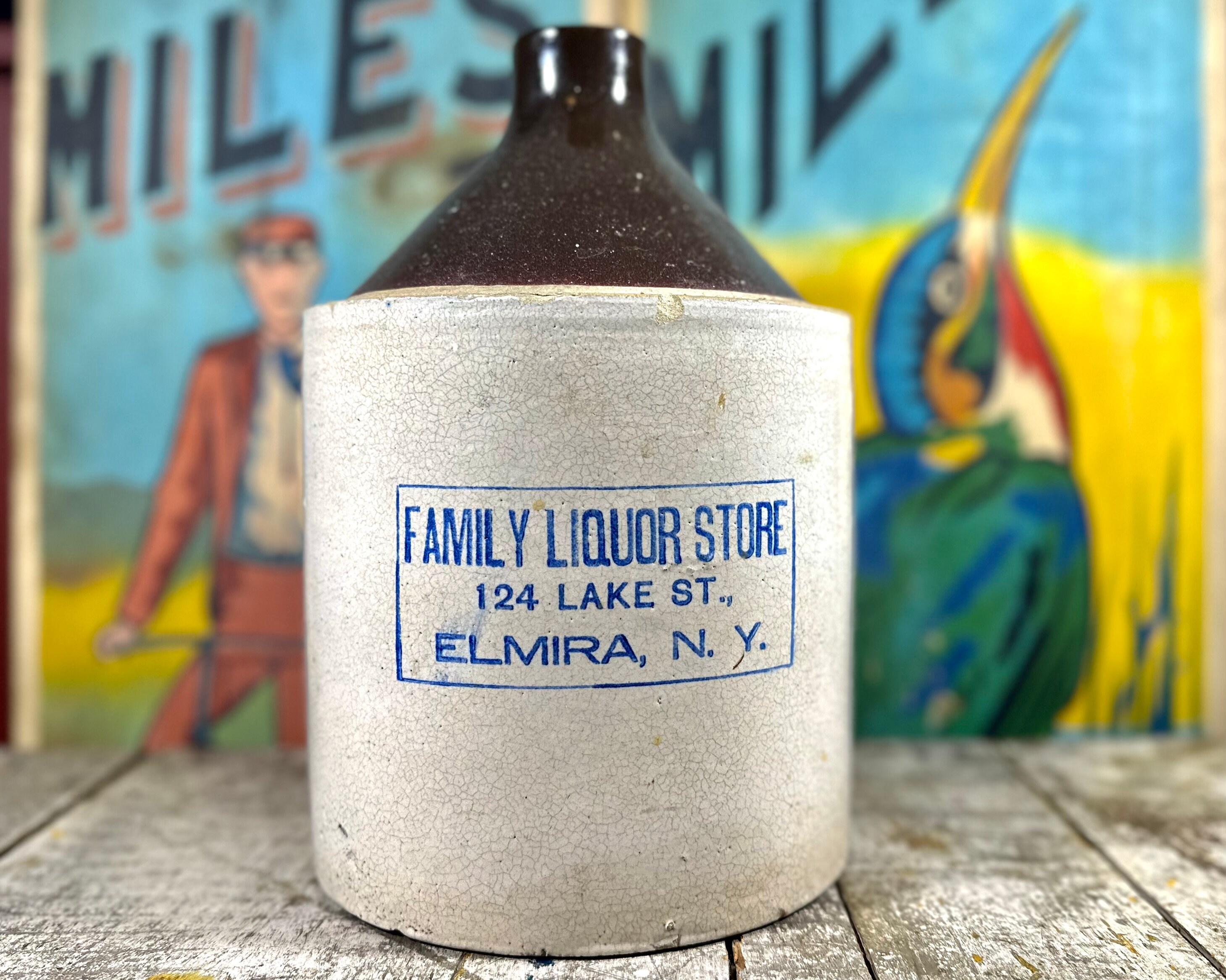 Antique Stoneware Stencil Jug Family Liquor Store ELMIRA NEW YORK 124