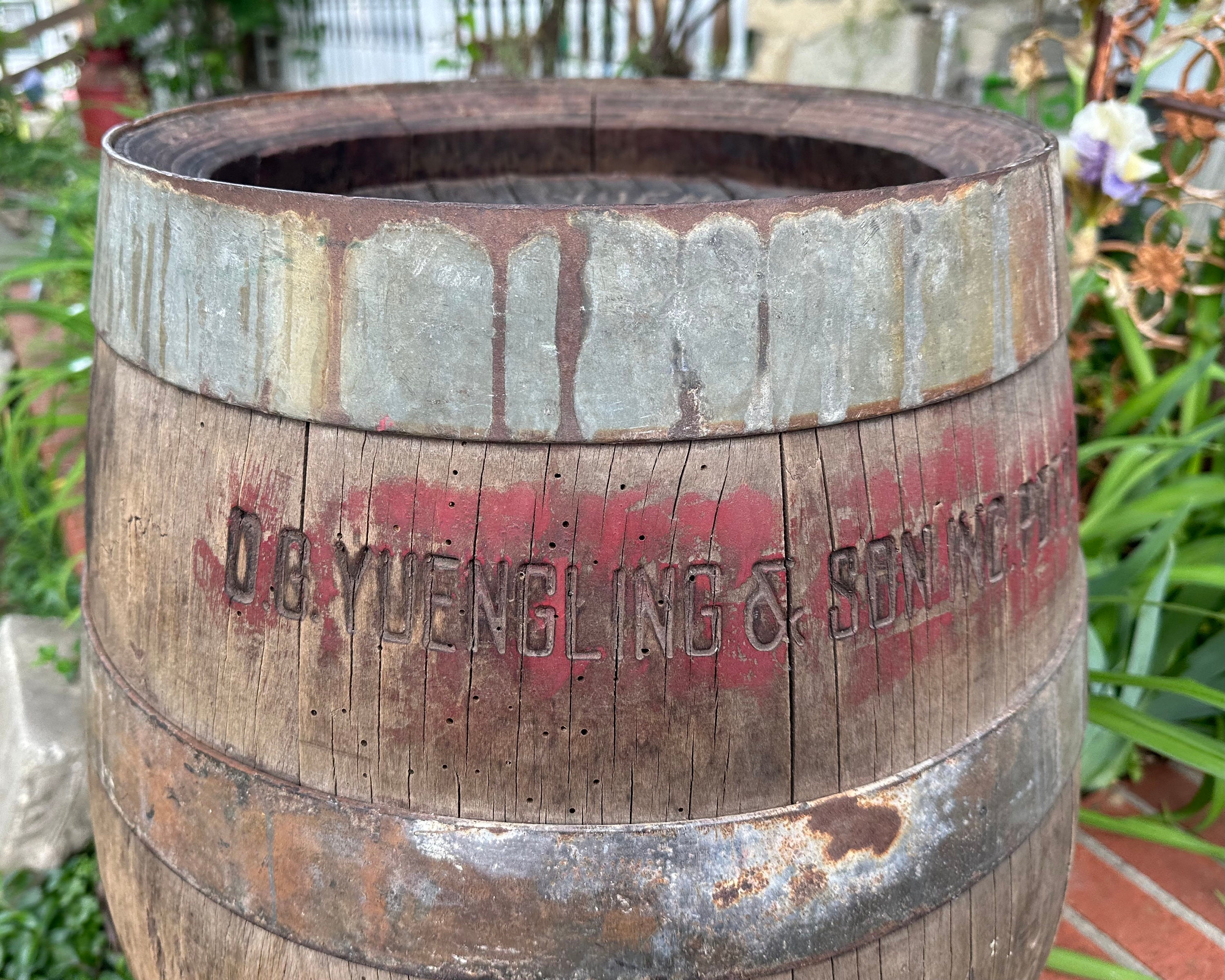 Antique Yuengling Beer Barrel: Rustic Wooden Side Table
