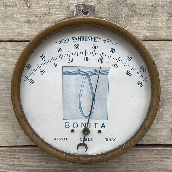 Antique Advertising Thermometer, 1930s Everett Massachusetts Advertisement, Round Metal Glass Sign, Bonita Aerial Cable Rings Telephone Pole