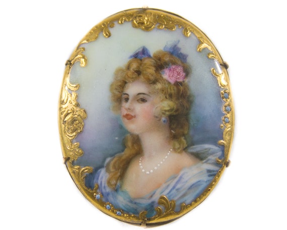 Victorian Mourning Brooch Painted on Porcelain Ed… - image 1