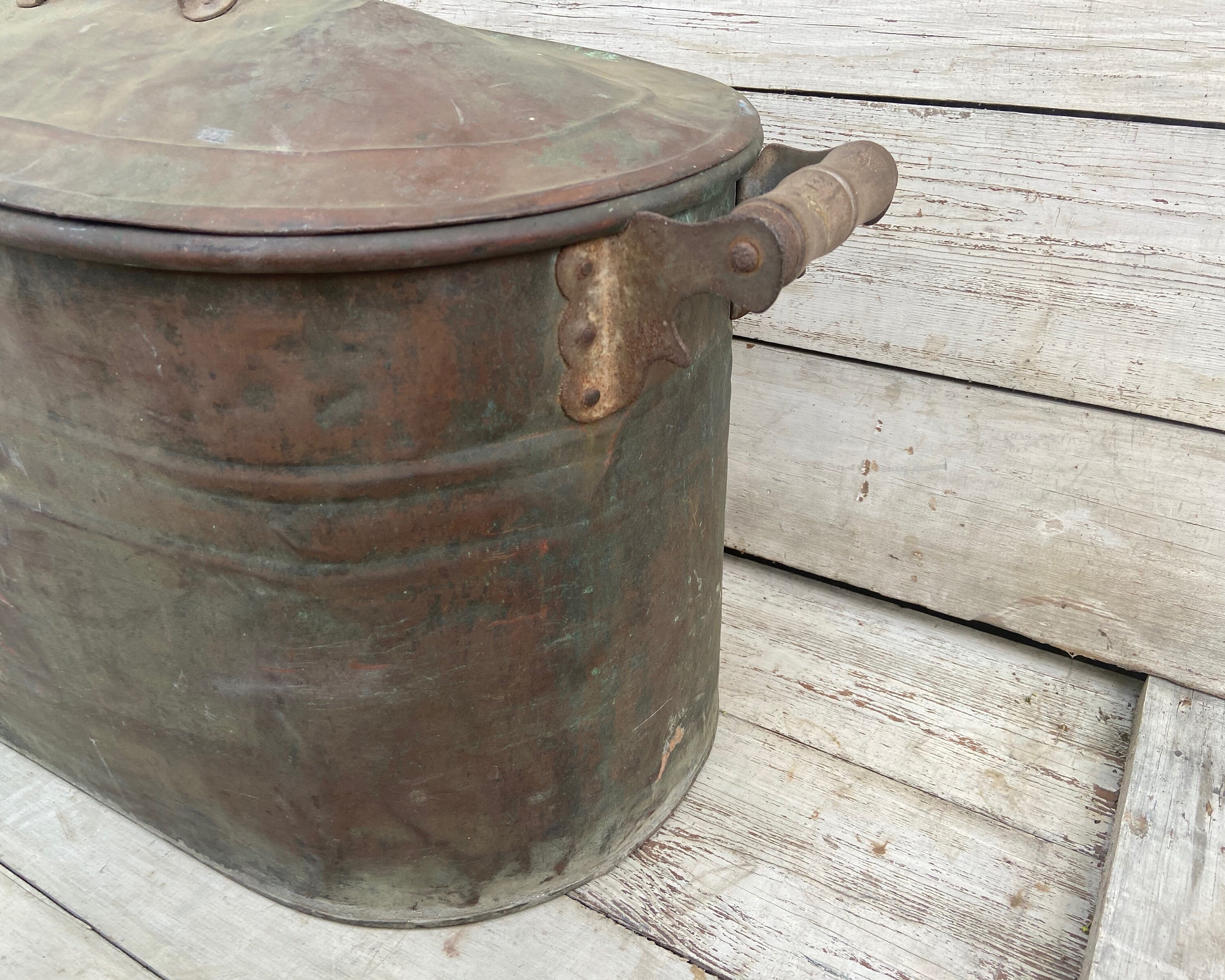 Vintage Copper Boiler With Lid Wash Tub Basin Farmhouse Antiques Rustic  Home Decor Large Boiling Pot Old Fashioned Wooden Handles Primitive 