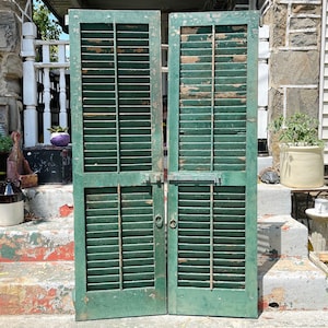 Large pair of Antique Shutters 63&#39;&#39; x 19&#39;&#39;,  Reclaimed Barn Wood Door, Green Louvered Shutter doors, Architectural SALVAGE ANTIQUES, Rustic
