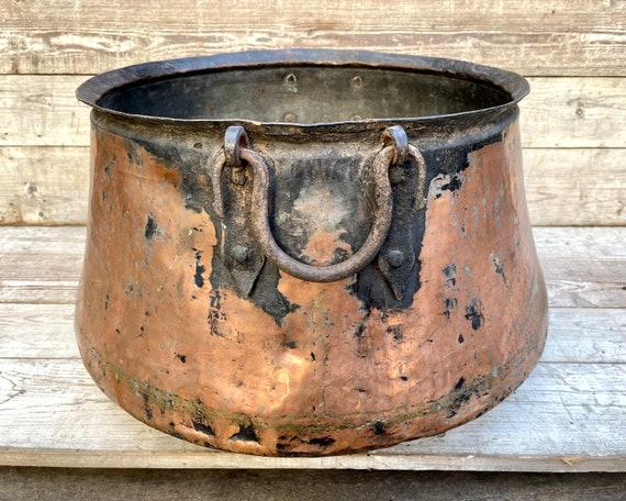 Huge Vintage Copper Pot With Iron Handles, 24'' Wide Wash Tub