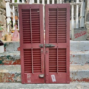 Large Antique Shutters Vintage Pair of Shutters Rustic RED PAINTED Shutter Doors Architectural Salvage Antiques Yard Doors Old Louvered