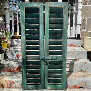 Antique Barn Shutters: Distressed Green Wooden Plantation Shutter Pair (58 x 14.5)
